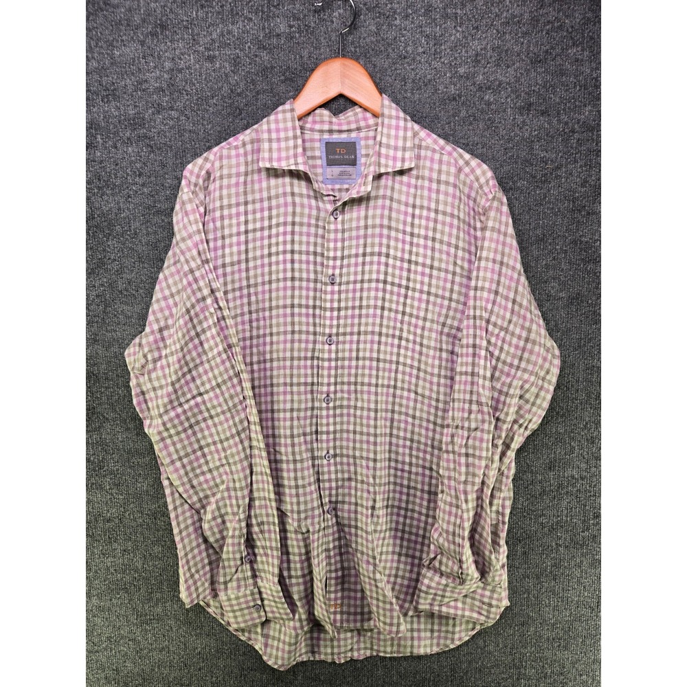 Thomas Dean Mens Large 100% Linen Plaid Button Down Shirt Purple Tan Long Sleeve